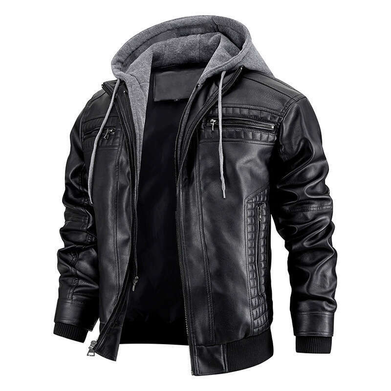 European And American Hooded PU Leather Jacket, Men's Winter New Warm Jacket
