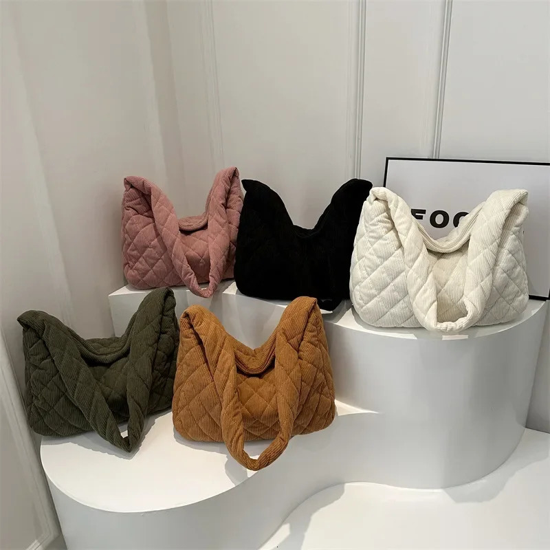 Casual Diamond Corduroy Solid Colour Shoulder Bag Winter Thread Minimalistic Crossbody Bag Thick Large Tote Bag 241206