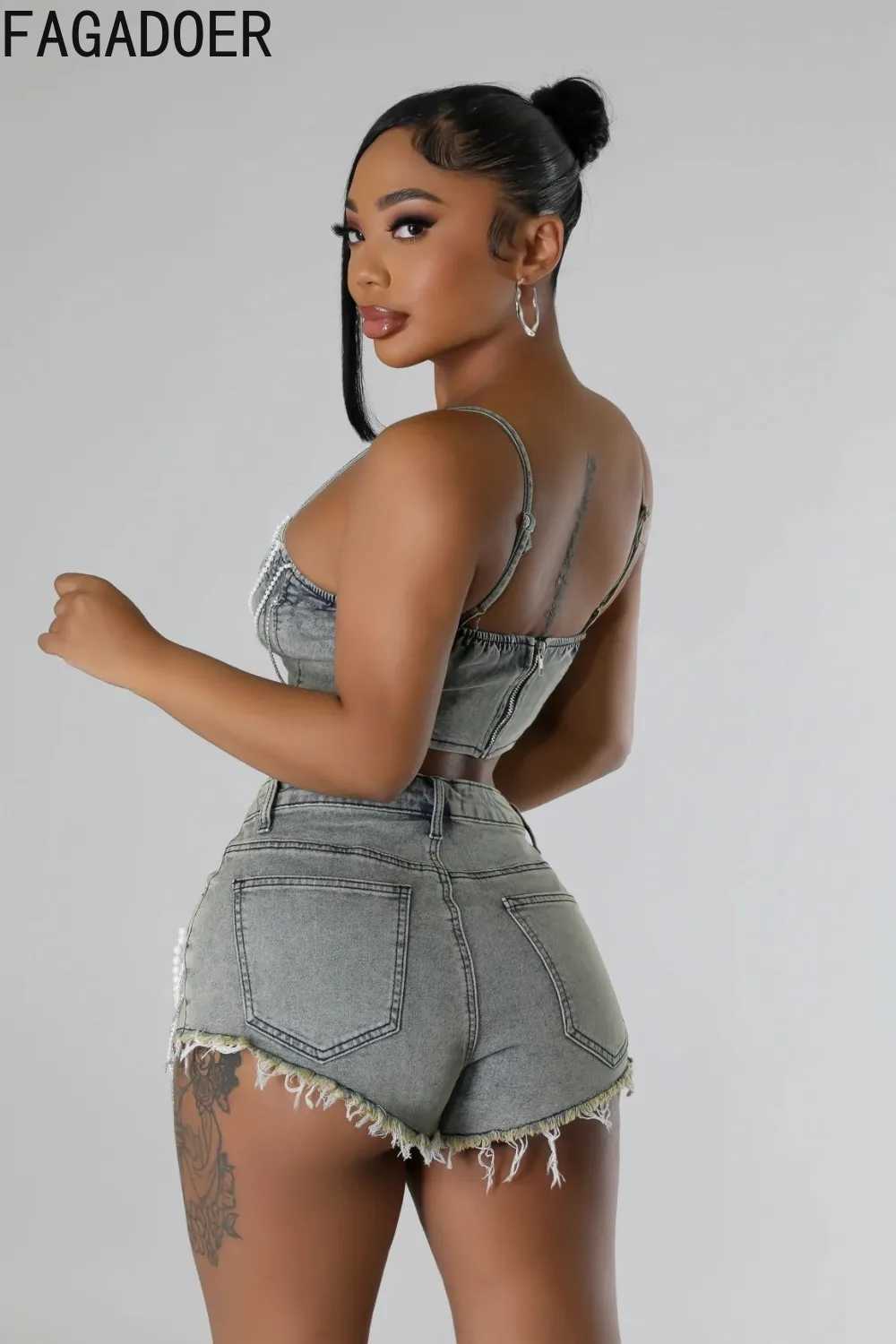 Women's Two Piece Pants FAGADOER Sexy Denim Two Piece Set for Women Spaghetti Strap Pearls Patchwork Crop Top + Shorts Suit Hot Girl Y2k Strtwear