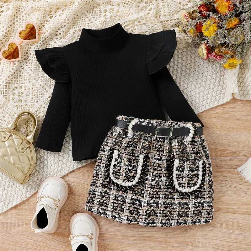 0-5Y Childrens Girls Autumn Skiing Set Baby Ruffle Long Sleeve Plain Neck Knitted Top+Smooth Skiing with Retro Set for Children W241213