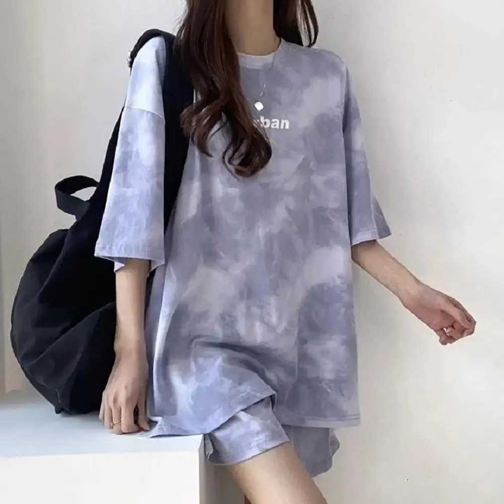 Women's Two Piece Pants 2 Piece Suit Women T-Shirt Shorts Set Korean Fashion Tie Dye Loose Short Slve T-shirt And Wide Leg Set dents Sports Outfi