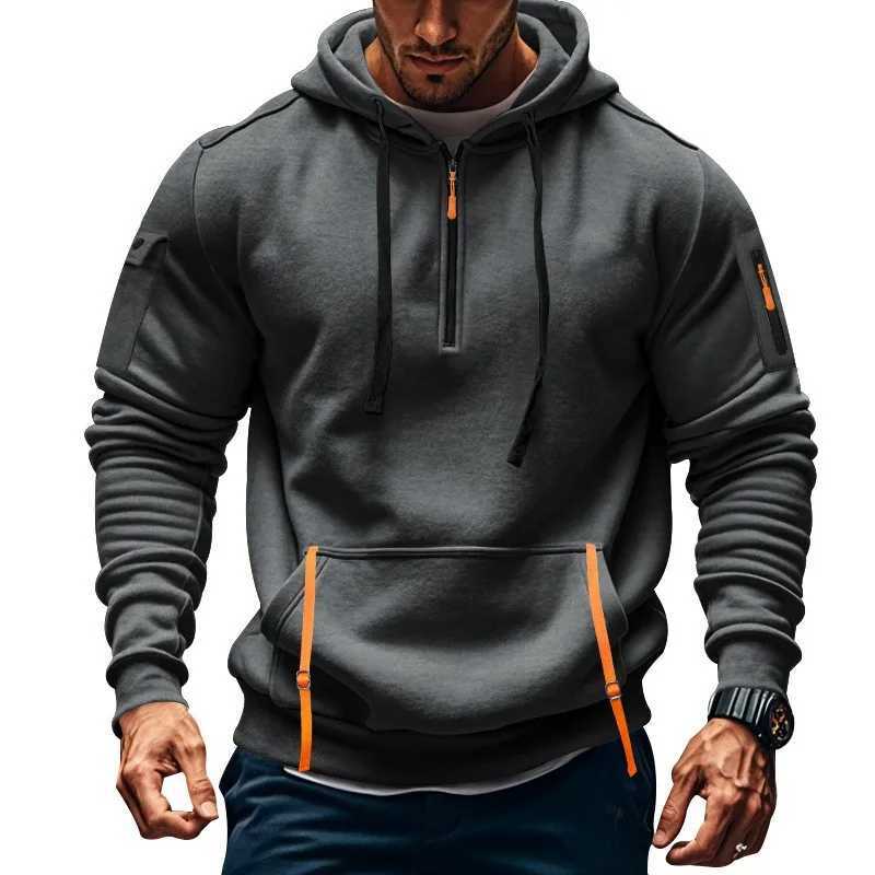 Autumn and Winter New Mens Outdoor Sports Tooling Wind leisure comfortable solid color arm pocket zipper long-sleeved hoodie W241213
