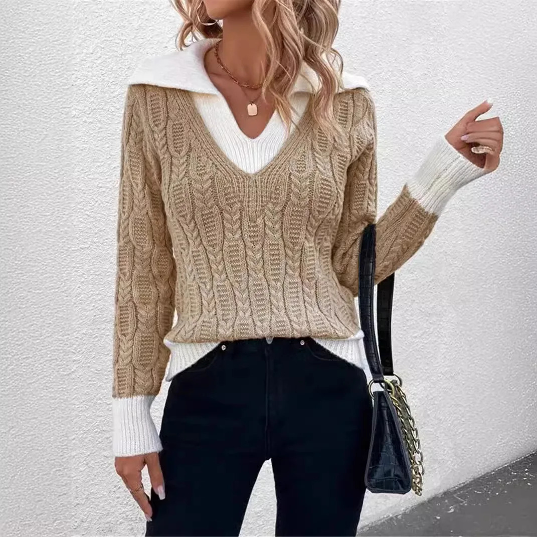 Fashion Twopiece Knit Twisted Leisure Elegant Top Women Pullover Autumn Winter Polo Neck Stitching Basics Sweater 241203