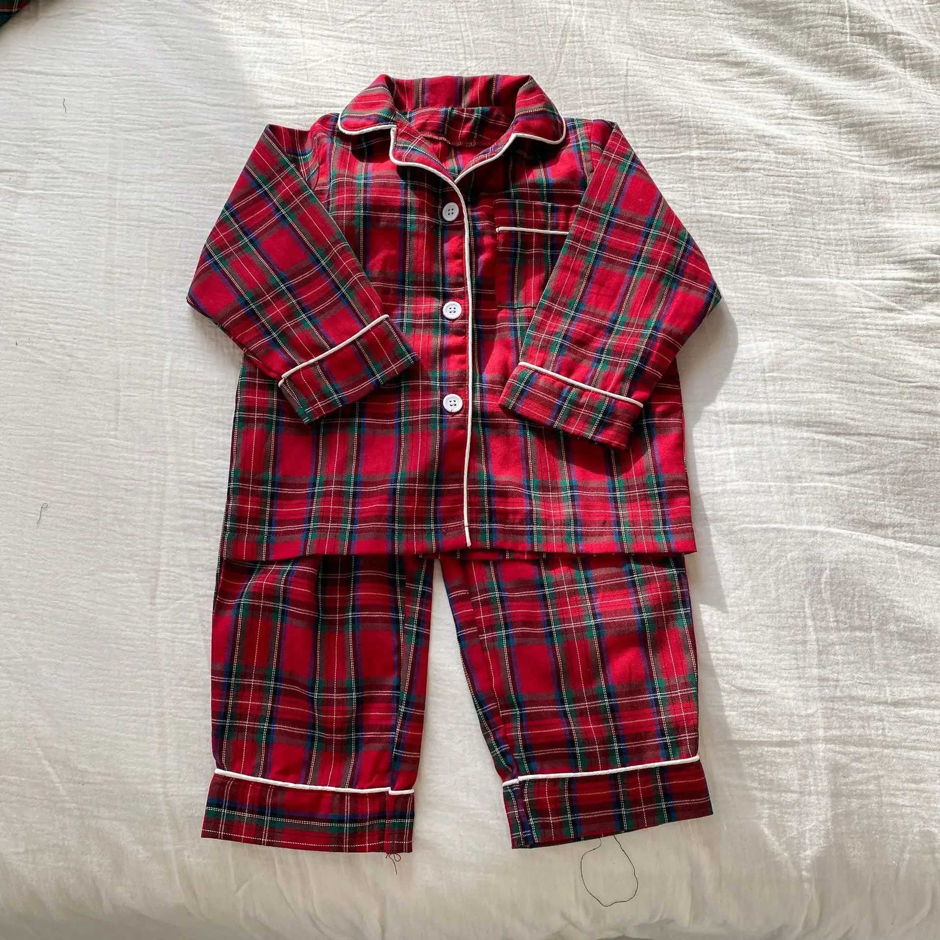 4966 Christmas Childrens Pajama Set 2024 Autumn Winter Pure Cotton Checkered New Girl Long Sleeve Set Baby Boy Home Clothing W241213
