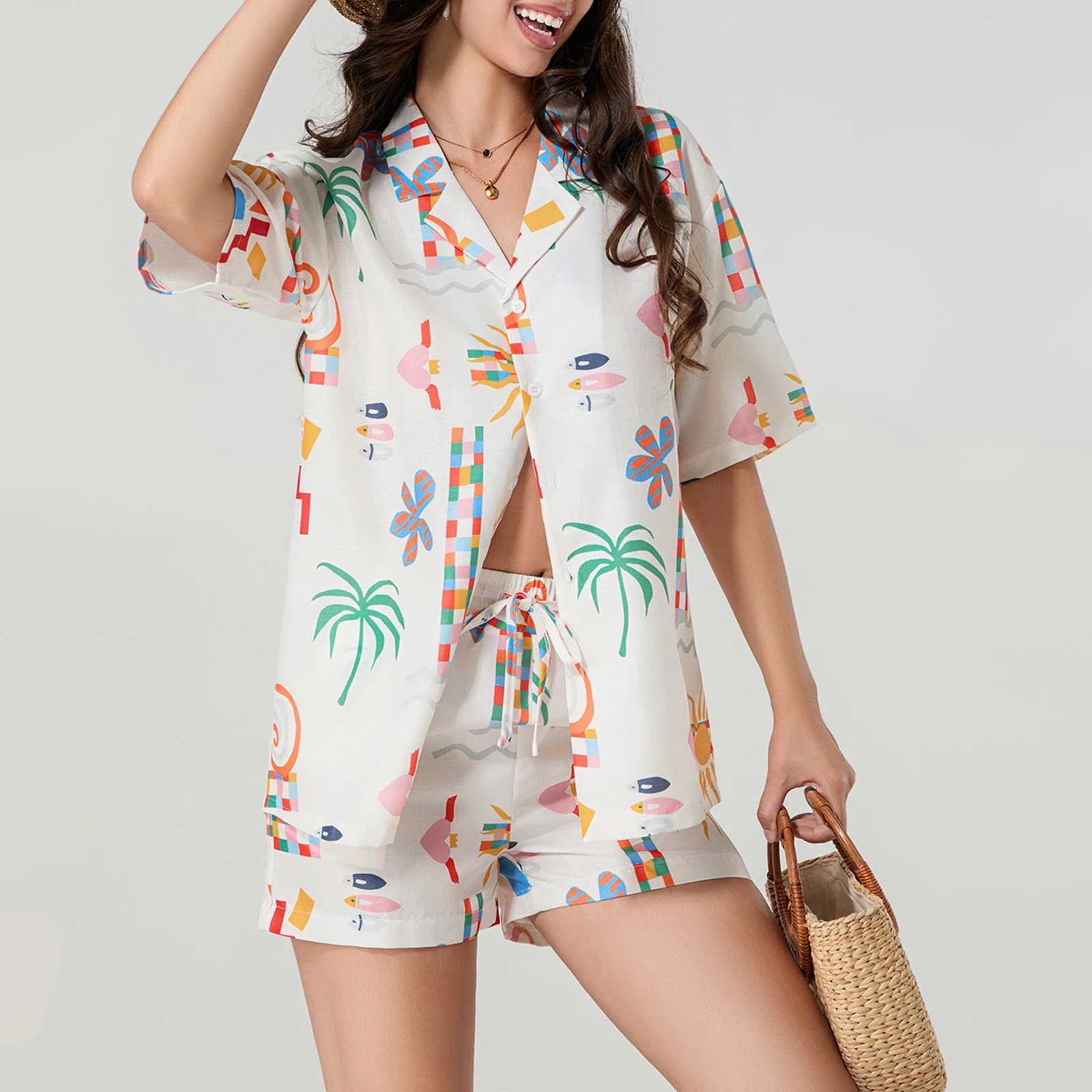 Women's Two Piece Pants Womens Casual 2 Piece Outfits Sun Print Short Slve Lapel Neck Button Up Shirt and Drawstring Shorts Set Loungewear Y24121