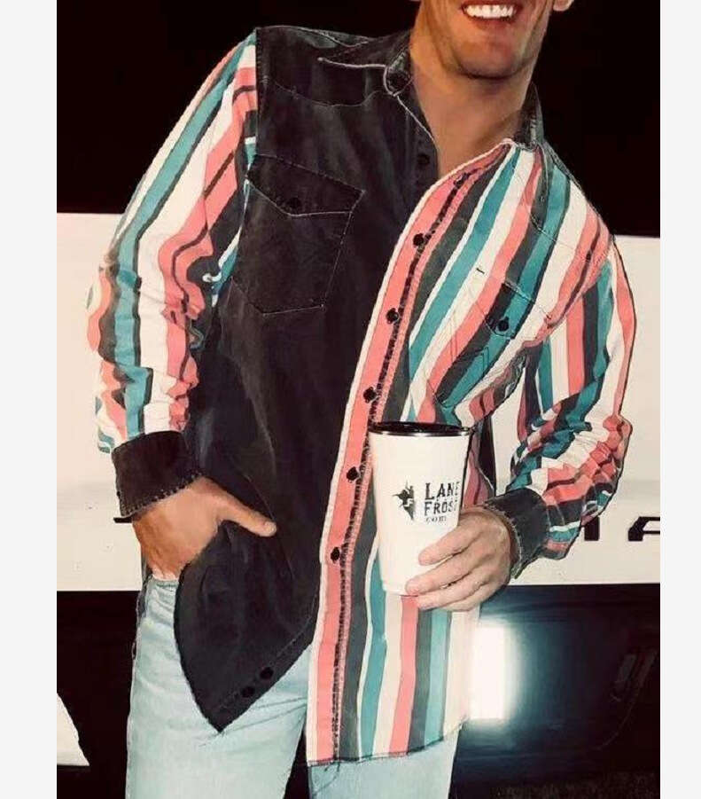 Western Style Colorful Striped European American Sleeved Men's Long Customized Foreign Trade Shirt, Trendy Clothing, Fashionable And Casual Tempe