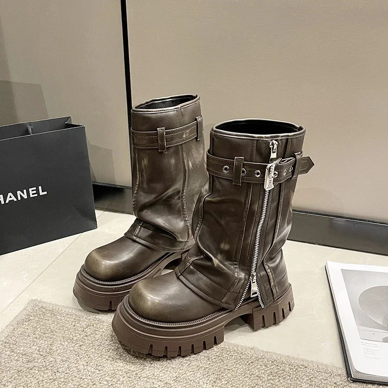 Mid-calf High Heel Modern Boots Round Toe Square Heel 2024 High Quality Ladies Shoes Solid Zipper Punk Autumn Womens Boots 241213