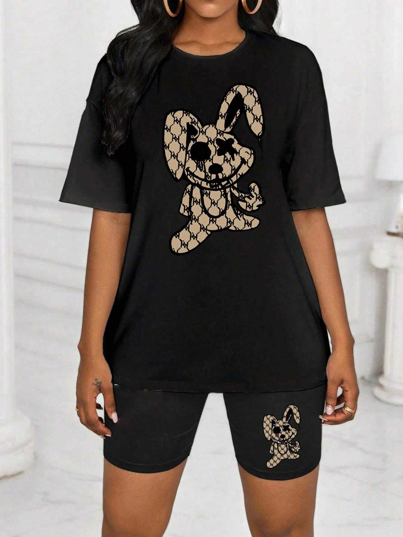 Women's Two Piece Pants Cute Rabbit Cartoon Printing Women T Shirts Two Piece Set Fashion Novel Short Sets Summer Breathable Loose Shirt Shorts F