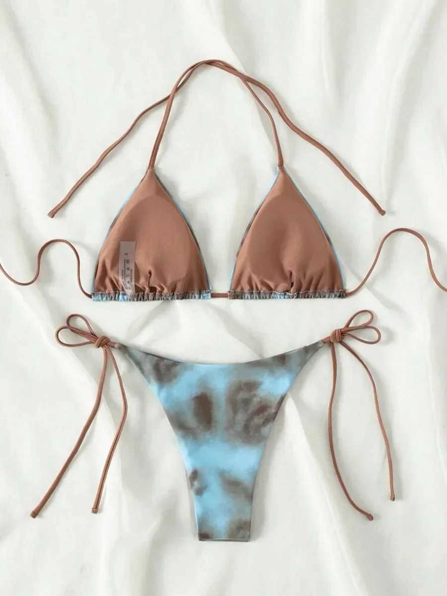 Tie Dye Bikins 2024 Mini Micro String Bikini Women Swimwear Fa Swimsuit Two Pieces Bikini Set Halter Bathing Suit Swim LadyXJ241212