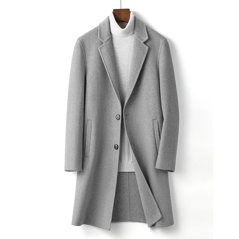 winter y high quality clothing business gentleman mens casual slim long wool coat light tan black gray 241213
