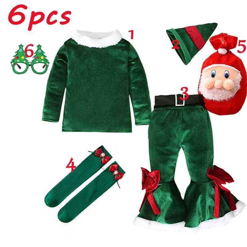 Green Christmas costume childrens elf Saint Nicholas Day party costume elf fairy set velvet Christmas shirt+Trouthers+hat for boys and girls W241213