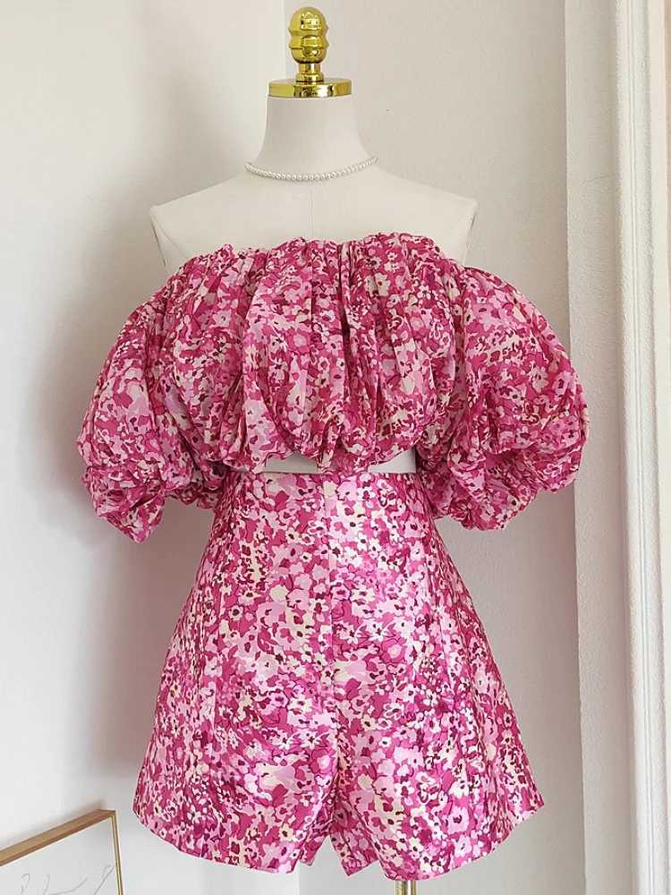 Women's Two Piece Pants Womens Retro Grn Printing 2-Piece Set 2024 Summer New Floral Puffed Slve Top+High Waist Shorts Suit Female Holiday Clothe