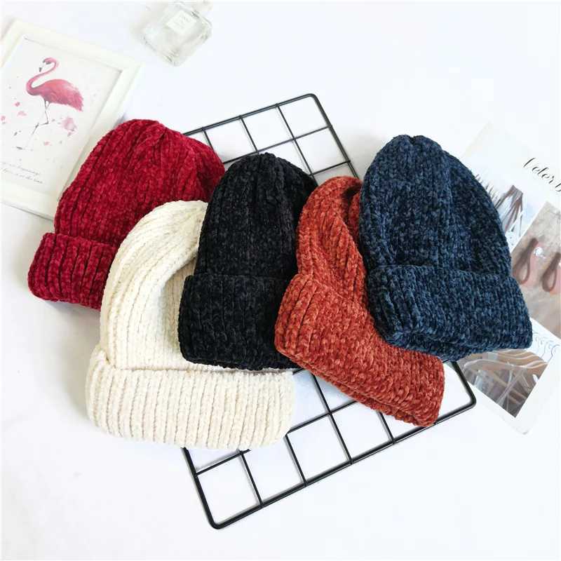 Chunky striped Beanies Hats Winter Women girl Thick Warm Soft Corduroy Knitted Hat Skullies Cap Curled Skullcap Ski SportXJ241213