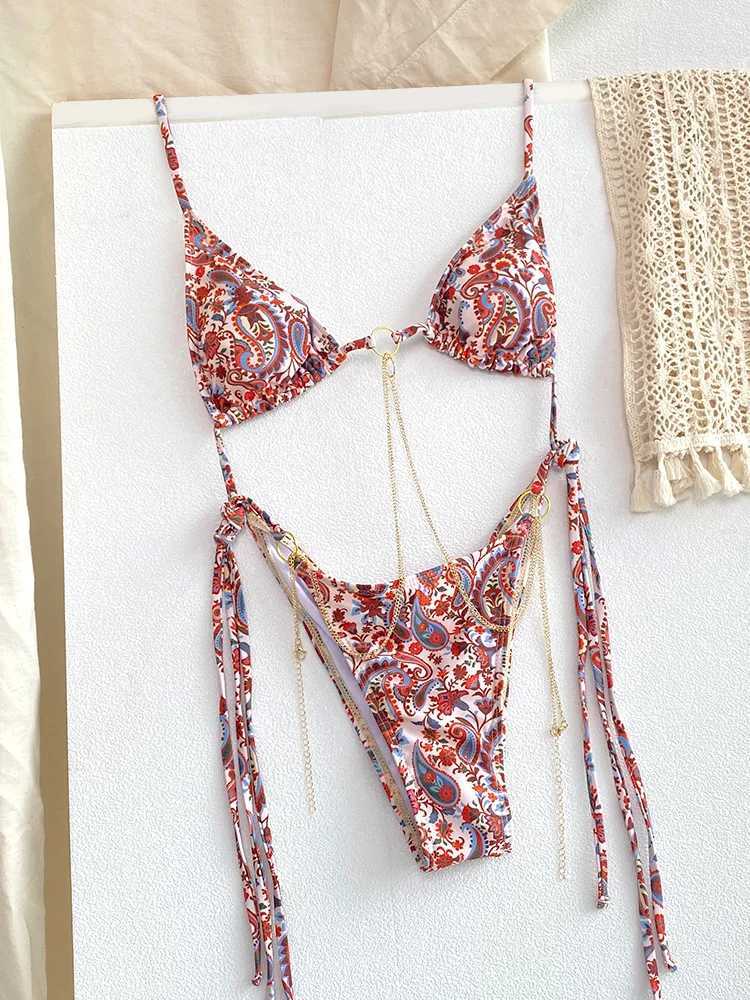 Sexy Triang Chains Bikini Sets Micro Thongs Swimsuit Women Bathing Suit Biquini Bandage Beachwear Print Swimwear Thong BikiniXJ241212