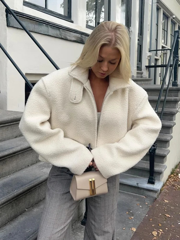 White Fashion Zipper Cashmere Womens Jacket Fashion Collar Long Sleeve Loose Cutting Coat Womens Autumn/Winter Casual Coat 241205