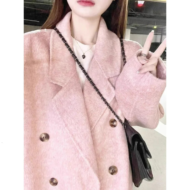 100% Wool Doublesided Woolen Coat for Women Pure Handmade Cashmere Loose Medium Long Plus Size Wom en 241213