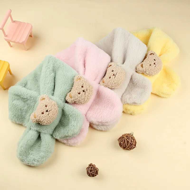 Scarves Wraps Cute Bear Plush Baby Scarf Winter Warm Fluffy Fur Boy Girl Scarves Cartoon Kids Cross Neckerchief Children Shawls H241213