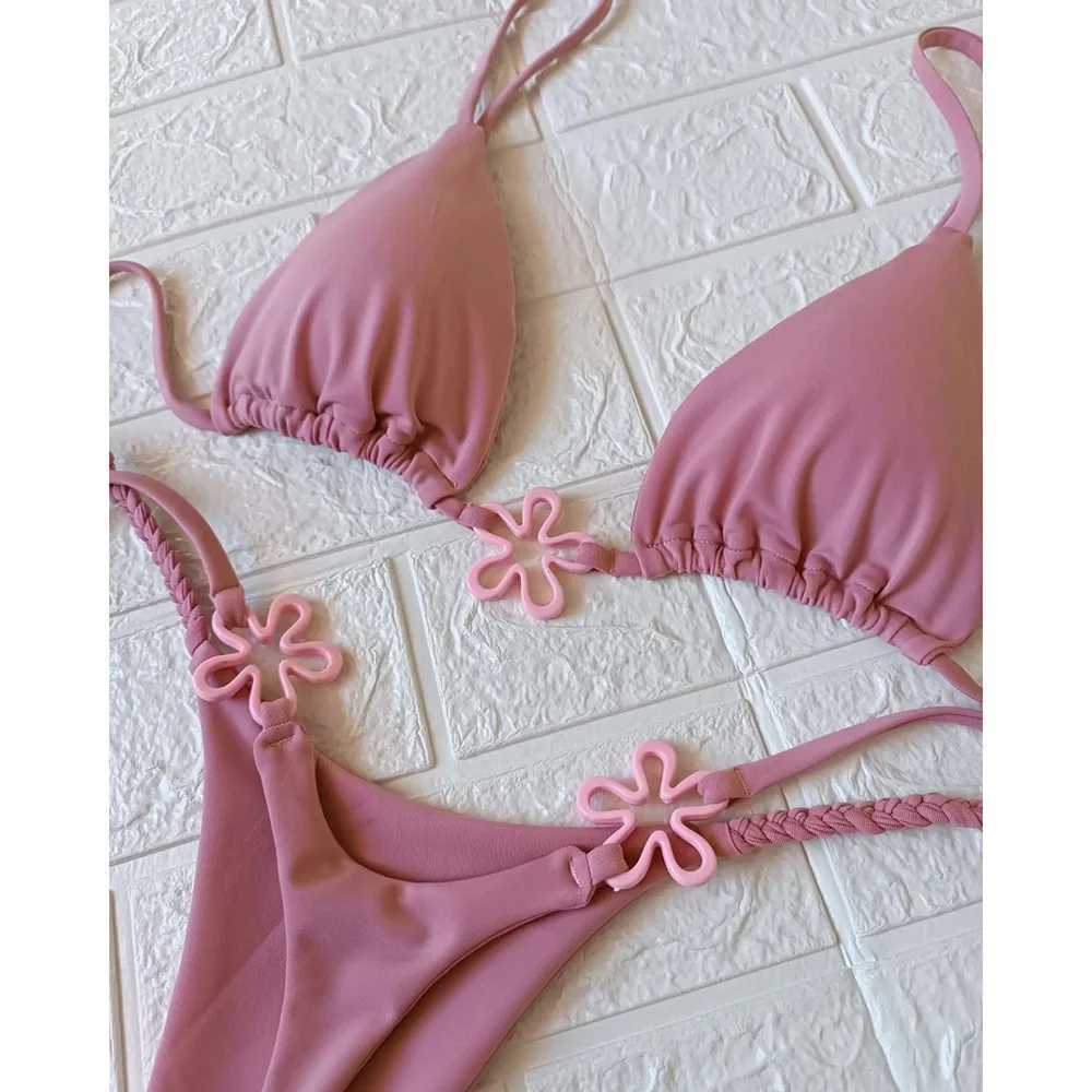 2024 Halter Bikinis Women Swimsuit New Sexy Swimwear Floral Brazilian Bikini Set Micro Biquini Fa Cute Solid BeachwearXJ241212