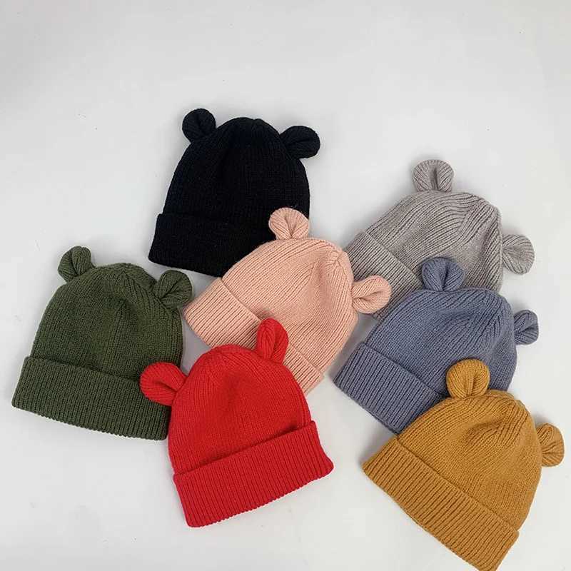 Ear Baby Hat Winter Solid Color Warm Knitted Hats for Kids Boy Girl Cute Bear Infant Toddler Beanies Cap Bonnet XJ241213