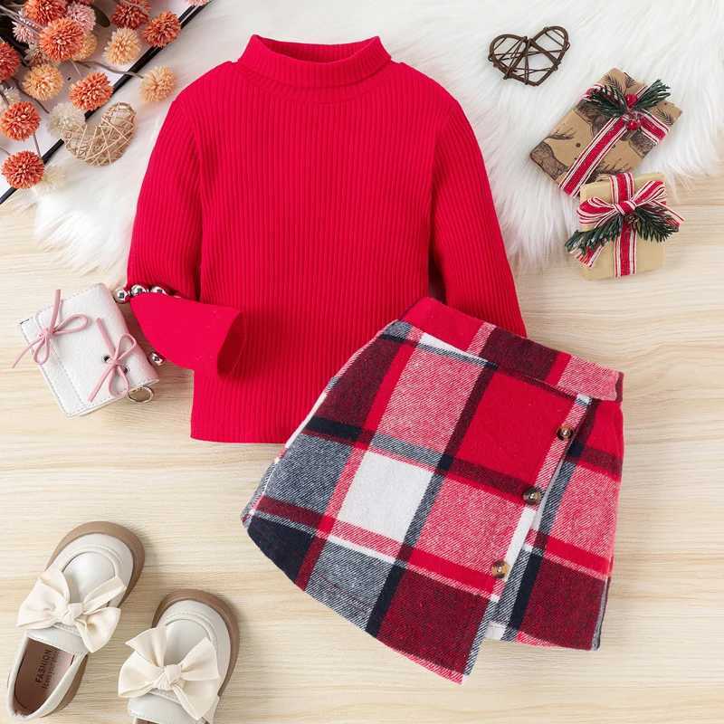 Children and Girls Autumn Clothing Christmas Party Set Long Sleeve Turtle Neck Knitted Ribbed Top+Checkered Mini Skirt 2-piece Set for Girls W241213