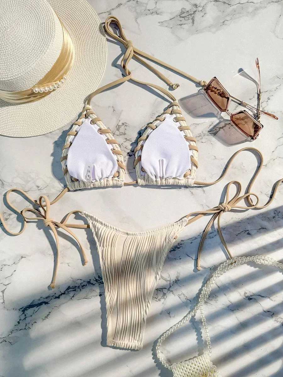 2024 Halter Wrinkd Weave Bikini Women Swimwear Fa Swimsuit Two Pieces Bikini Set Brazilian Bathing Suit Swim Beach WearXJ241212