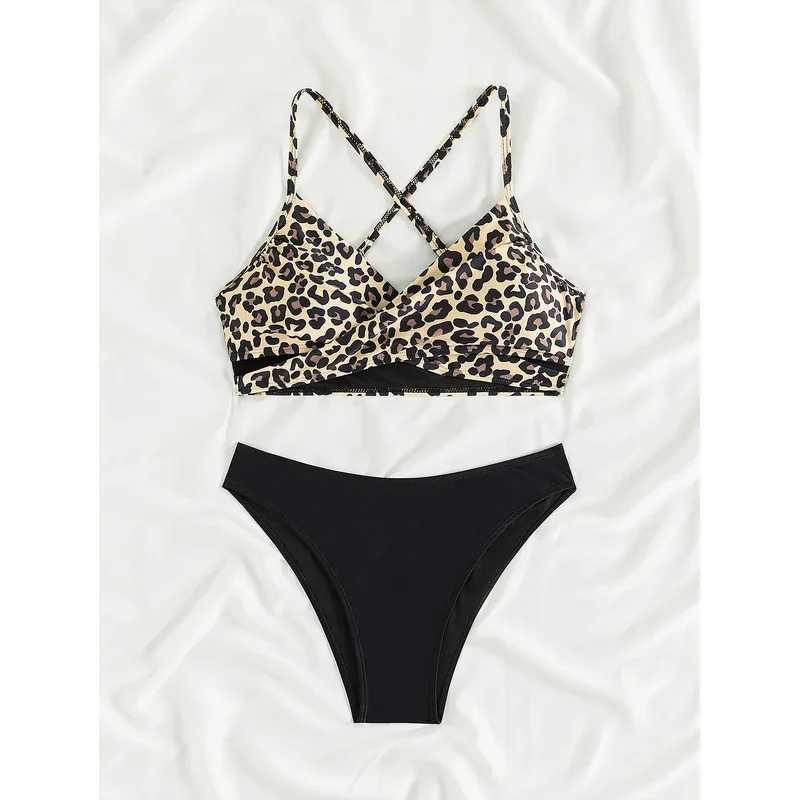 Sexy opard print cross bikini set 2024 women halter push up black high waist swimsuit summer bathing suit two piece swimwearXJ241212