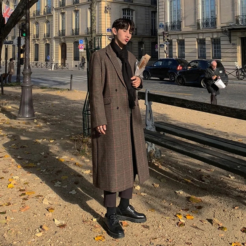 Vintage Mens Plaid Woolen Cloth Coat Autumn Winter Long Sleeve Doublebreasted Thickned Loose Lapel Overcoat 1533 241213