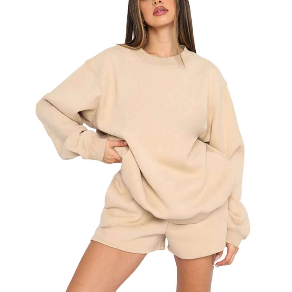 European American Spring And Autumn Solid Color Round Neck Pullover Long Sleeved Hoodie Women's Shorts Set Trendy Clothing Fashion Casual Tempera