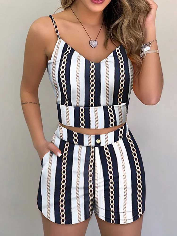 Women's Two Piece Pants Print Spaghetti Strap Crop Top Short Sets Casual Summer 2 Piece Outfits for Women Y2412139X51