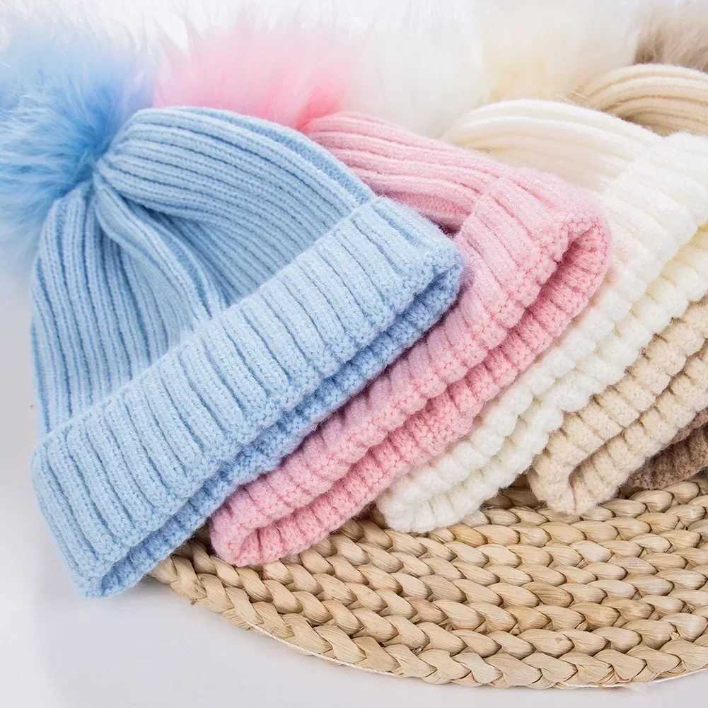 0-14Y Baby Bobble Hat Children Knitted Ski Beanie Girl Boy Winter Warm Hat Artificial Pompom Bonnet Kids Skullcap Newborn HatXJ241213