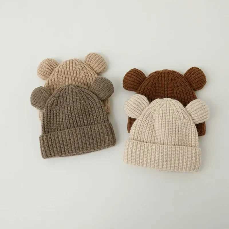 Sweet Warm Bear Beanie for Toddler Boy Girl Beige Coffee Color Bear Ear Crochet Bonnet Autumn Warm Winter Knitted HatXJ241213