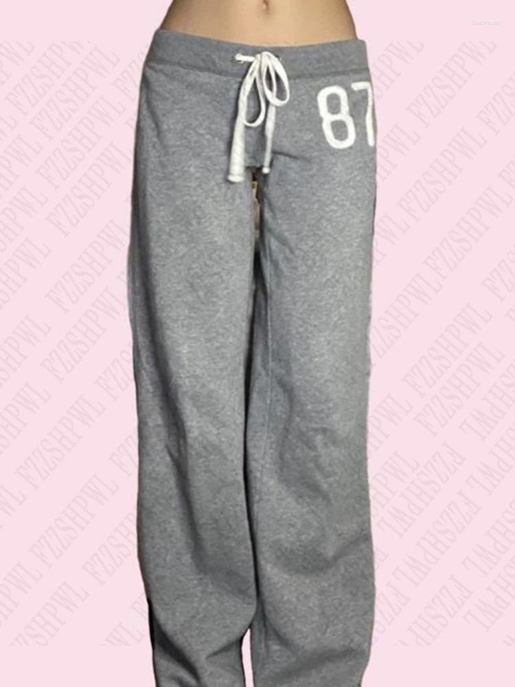 Women's Pants American Style High Street Casual Womens Gray Trousers Emo Girls Y2K Retro Streetwear Gothic Hip Hop Number Print Tie Rope
