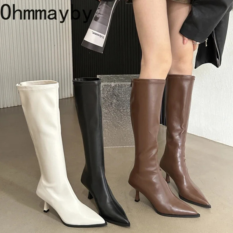 Soft leather toe knee high boots high heels zipper womens pump length elastic modern boots 241213