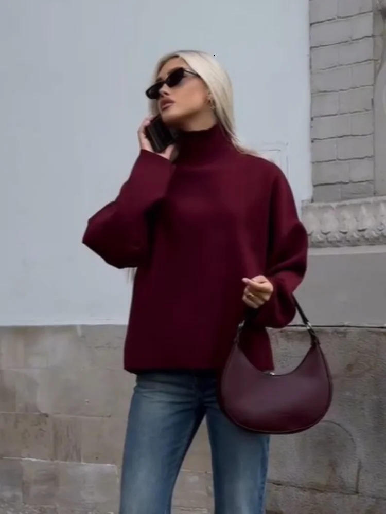 Casual Solid Round Half High Collar Womens Jumper Elegant Long Sleeved Loose Pullover Sweater 2024 Autumn Female Basic Knitwear 241203