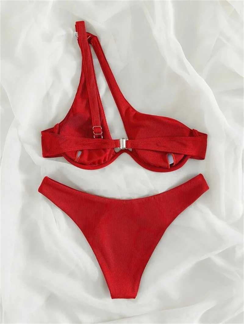 Sexy One Shoulder Bikini Set 2024 Women Red Black Push Up Underwire Micro Swimsuit Brazilian Cut Out Bathing Suit Thong SwimwearXJ241212