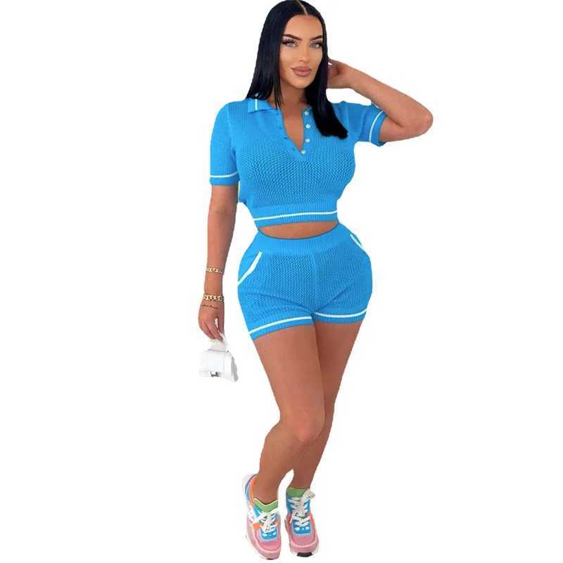 Women's Two Piece Pants Knit Ribbed Crochet 2 Piece Set Womens Short Slve Top and Shorts Matching Strtwear Stretch Outfits Y241213JISX