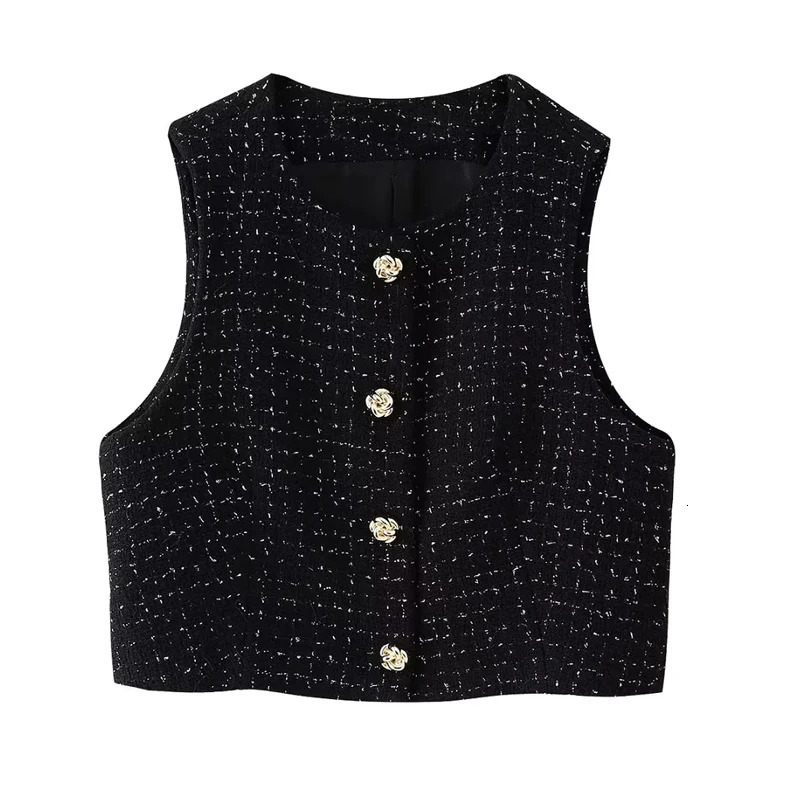TRAF Plaid Womens twopiece sleeveless vest jacket with coarse tweed 2piece black mini leather pants autumn casual set 241211