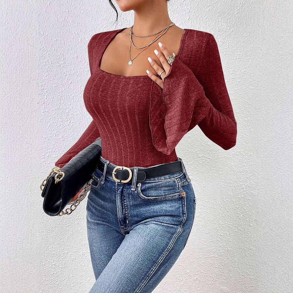 European American style 2024 autumn/winter French square collar with a stylish and slim fit top, flared long sleeved T-shirt for women