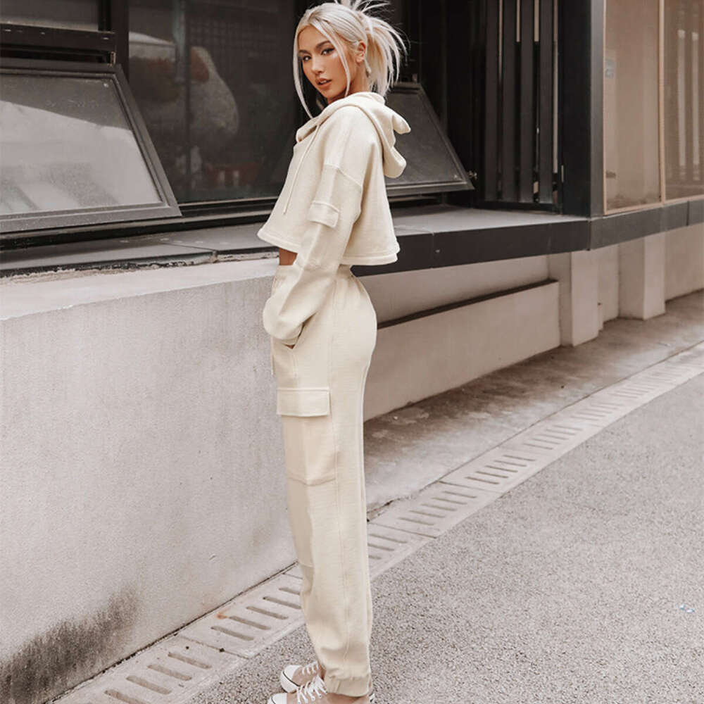 New Long Sleeved Pocket Hooded Sports Suit European American Foreign Trade, Two-Piece Set For Women's Trendy Clothing, Fashionable And Casual Tem