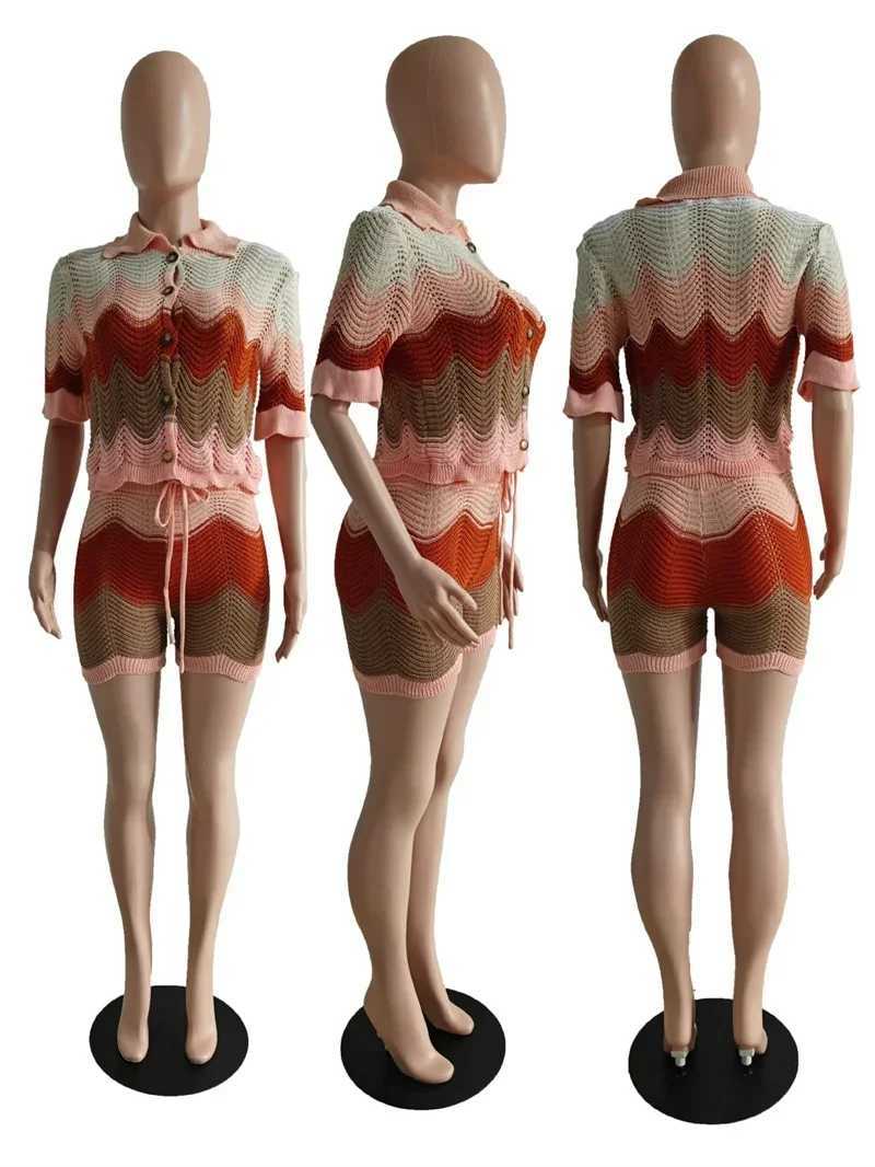 Women's Two Piece Pants Knitted Striped Crochet Set Women 2 Pieces Vacation Hollow Out Single-breasted Knit Top and Shorts Sets Women 2 Piece Out