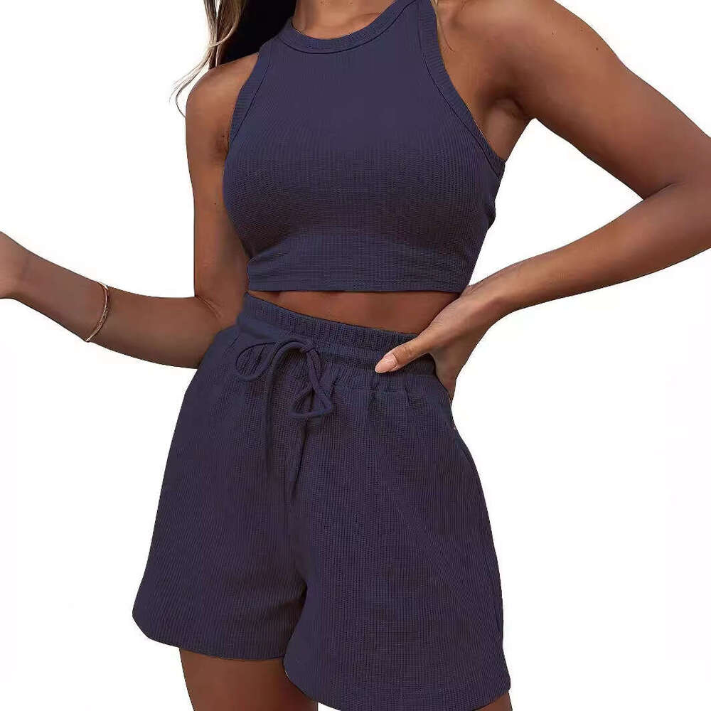 Summer New Sleeveless Waffle Suit Solid Color Vest Short Set 2-Piece Women's Trendy Clothing Fashion Casual Temperament