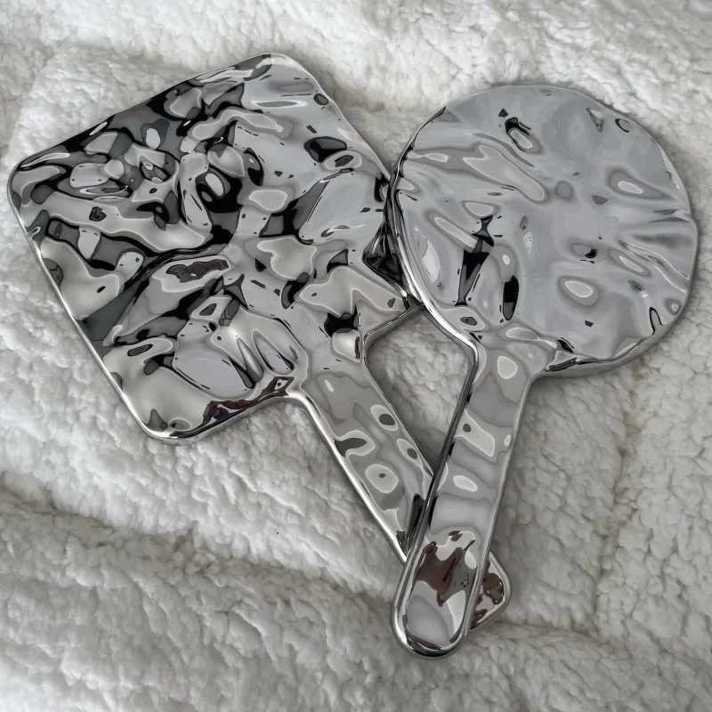 Electroplated Handle Makeup Mirrors HD Beauty Portable Round Hand Square Hand Small Make Up MirrorXJ241213