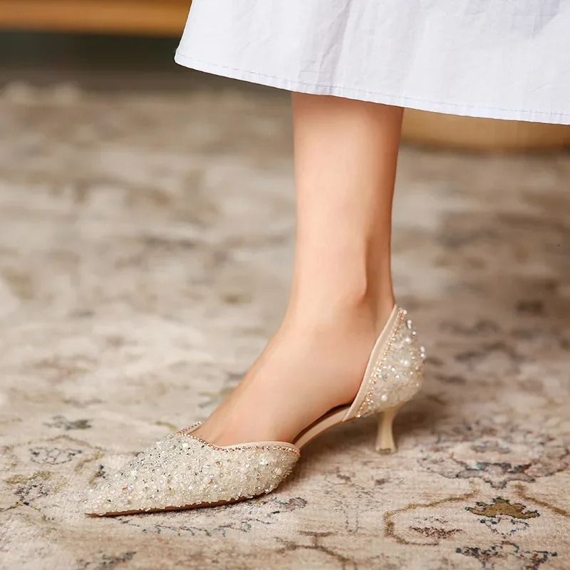 Womens Wedding Shoes Crystal Elegant Corner Toe Middle High Heels Sexy Womens Party Shoes Pump Womens Shoes 241213