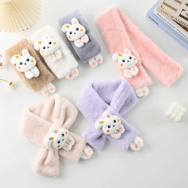Scarves Wraps Boys Girls Winter Scarfs Thick Plush Cross Childrens Scarf Baby Bib Cute Cartoon Rabbit Faux Fur Neck Protection Warm Shawl H241213