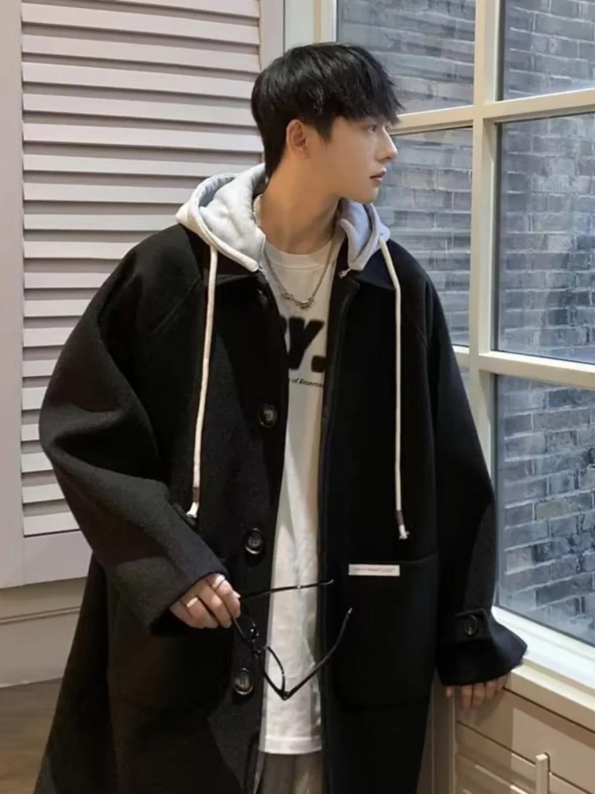 Autumn Winter Thick Woolen Coat Mens Loose Fitting Twopiece Hooded Trench Trendy Windbreaker Mid Length Jacket 241213