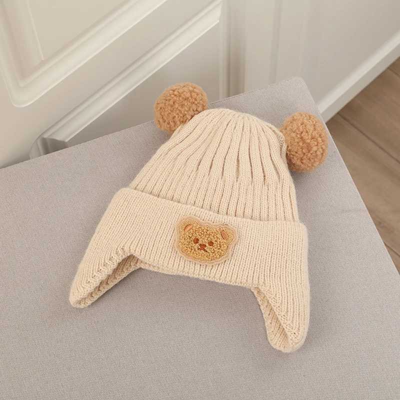 Cute Bear Pompom Baby Hats Gloves Set Winter Knit Beanie and Mittens for Girls Boy Crochet Weather Caps Baby AccessoriesXJ241213