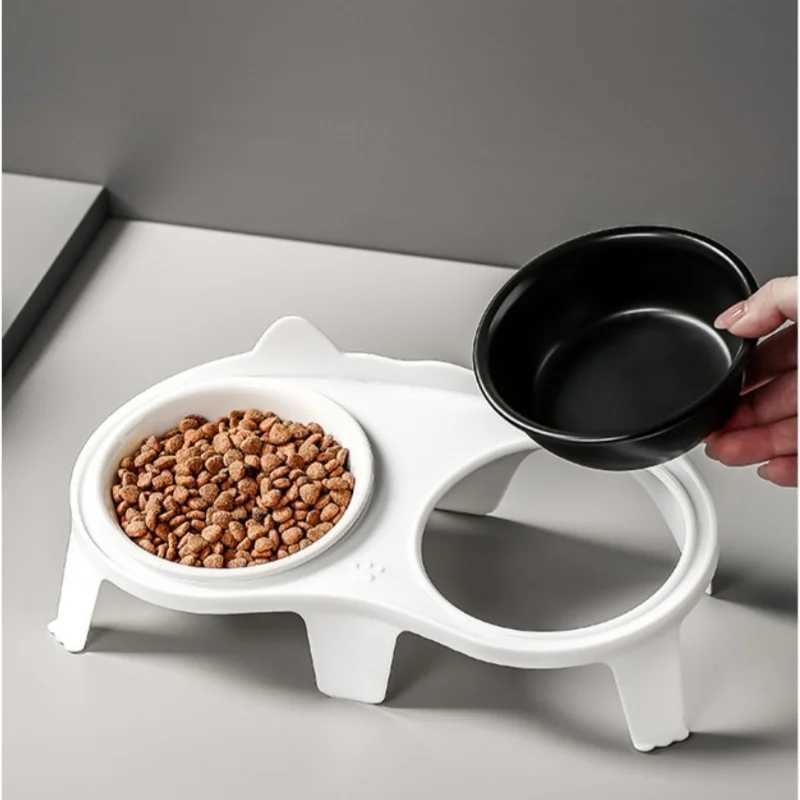 Cat Feeders Cat Double Ceramic Bowl with Plastic Stand Pet Elevated Raised Food Water Bowls Small Dogs Drinking Eating Feeding Supplies z241213