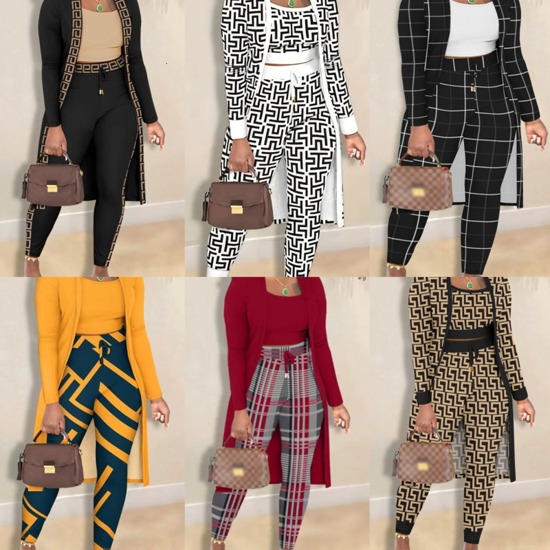 Plus Size 3XL Designer Womens Printed Three Piece Set Sports Tracksuits Vest Long Sleeve Jacket Coat And Sweatpants Jogging Suit 3Pcs Sets For Women O