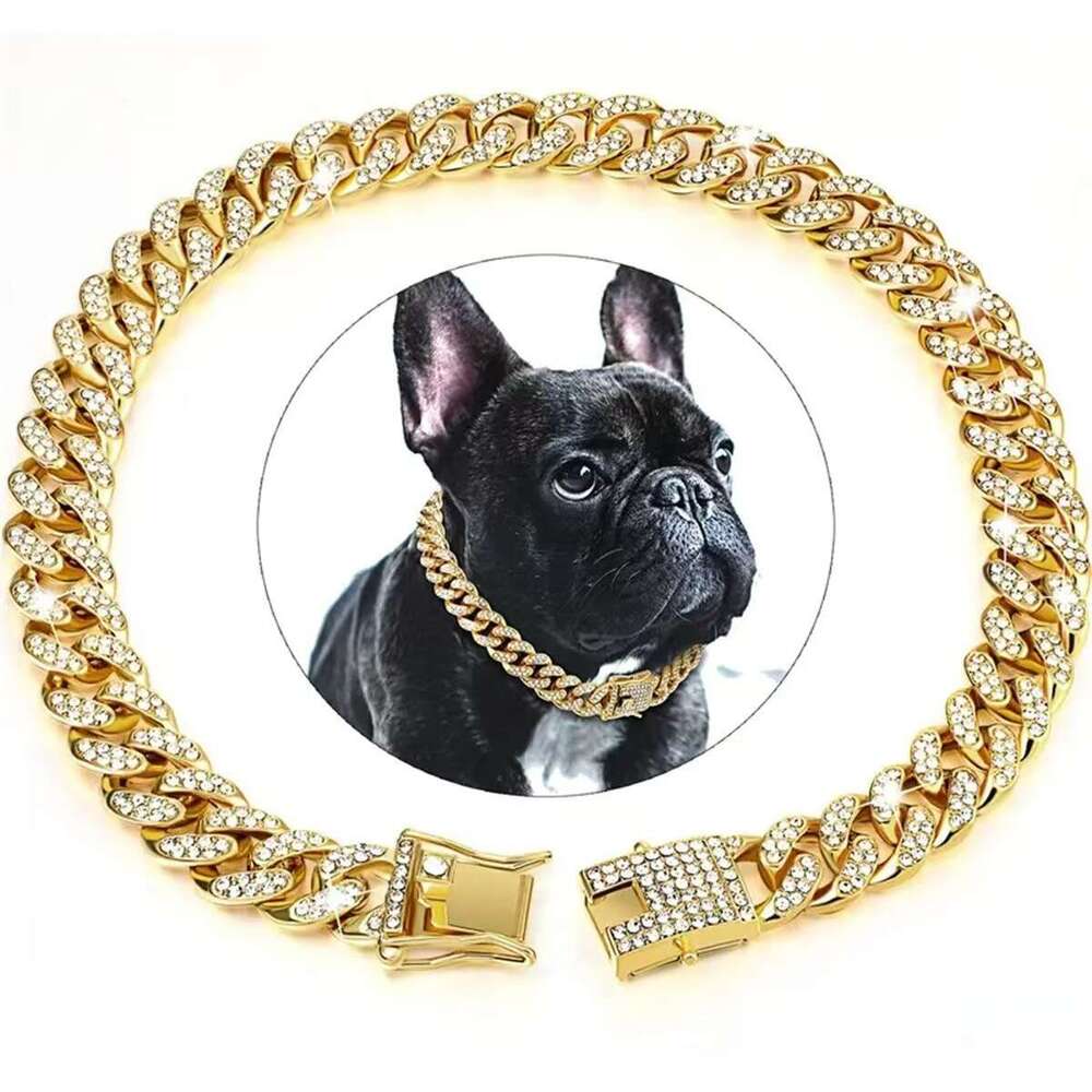 2026 New Pet Necklace Inlaid With Dias Cuban Collar Dog Chain Buckle Gold Sier Free Shipping