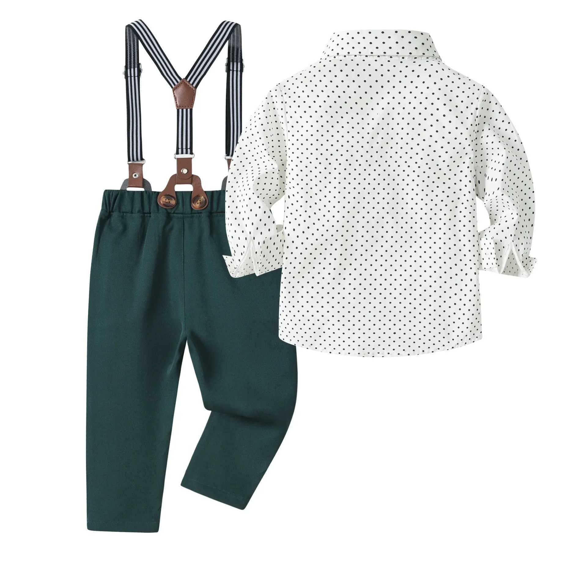 2-6 Years Boy Spring Gentleman Outfit Polka Dot Printed Shirt with Solid Pants Children Suspender Bow Set Birthday Party Costume W241213
